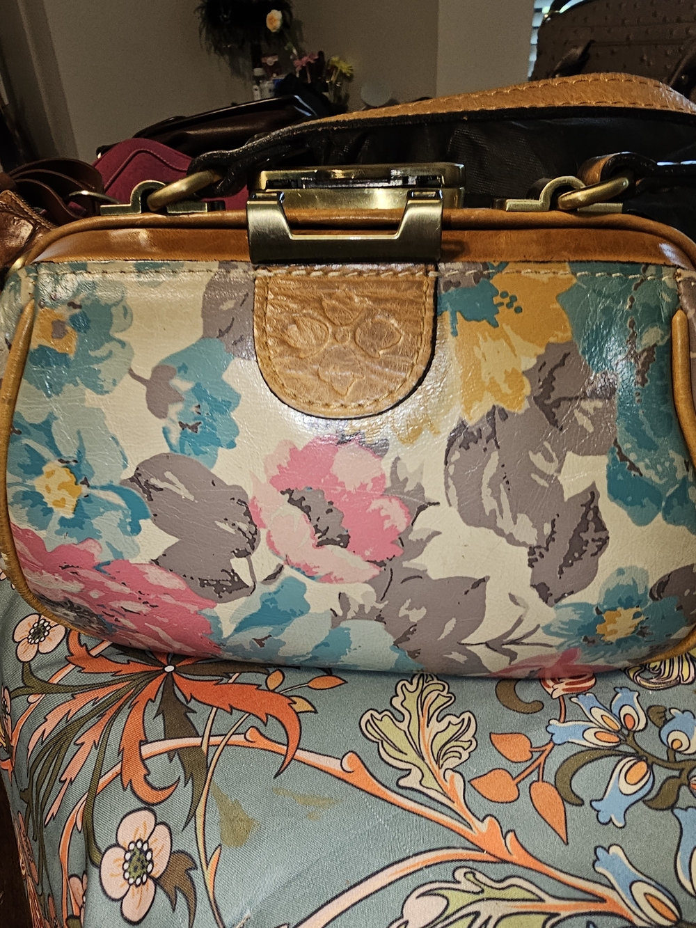 Patricia Nash Floral Frame Shoulder Bag in Pink, Teal, Yellow, Gray, Brown